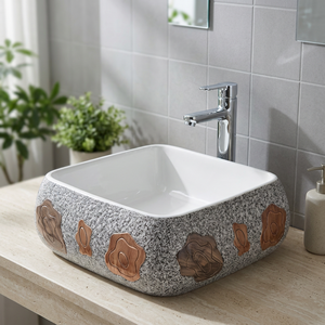 Lavabo de salle de bain carré moderne en céramique marron avec plateau blanc à poser sur comptoir pour usage commercial - Product Image 6