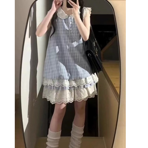 Sweet Cute Summer Plaid Dress Peter Pan Collar Lace Trim Japanese Style Cake Dress Blue Casual Daily Wear - Product Image 4
