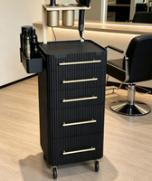 Chariot de Salon de Luxe à 5 Tiroirs avec Support Doré pour Sèche-Cheveux et Plateau Latéral Extensible, Rangement Mobile à Roulettes pour Outils de Salon de Coiffure