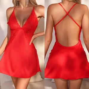 Camicia da notte in raso Sexy contrasto pizzo ricamo Babydoll abito profondo V seduzione Chemise abito donna casa camicia da notte - Product Image 1