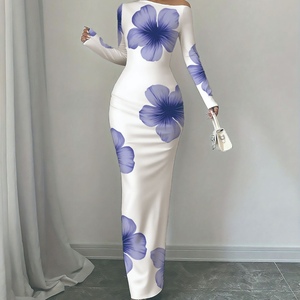 Robes ajustées à manches longues et épaules dénudées à imprimé floral pour femmes, mode - Product Image 3