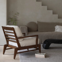 Moderner Massivholz-Sessel mit Lattenrücken, Leinenpolsterung, Wabi-Sabi-Design für Wohnzimmer, Villa, Hotel-Lounge