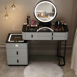 Luxury Nordic Style Solid Wood Multi-Functional Smart Makeup Vanity Wireless Charging Bedroom <strong>Dressing</strong> <strong>Table</strong> with LED Mirror - Product Image 3