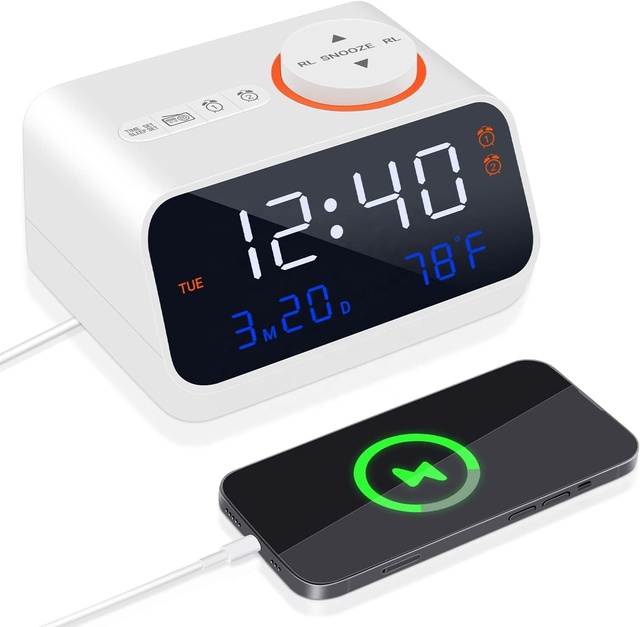 Rechargeable Small Battery Operated Digital Alarm Clock With Radio and USB Charging Ports, LED Digital Alarm Clock for Bedrooms