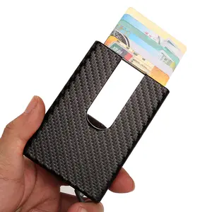 MU卡座定制标志超薄金属钱包射频识别阻挡简约碳纤维皮革卡座钱夹