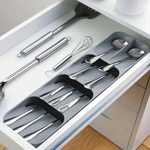 Plateau à <span class=keywords><strong>couverts</strong></span> pliable pour tiroir de cuisine, organisateur fonctionnel pour le rangement des couteaux, fourchettes et cuillères, boîte de rangement en plastique PP pour utilisation sur table - Product Image 2