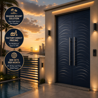 Porte double en alliage d'aluminium postmoderne Coastal Penthouse, bleu marine, avec bas-relief 3D vague et poignées en acier brossé, éclairage LED, pour hôtels et appartements
