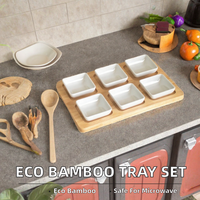 Ensemble moderne de 6 bols en céramique avec plateau de service en bambou, plat à condiments divisé pour apéritifs, tapas et sauces de fête