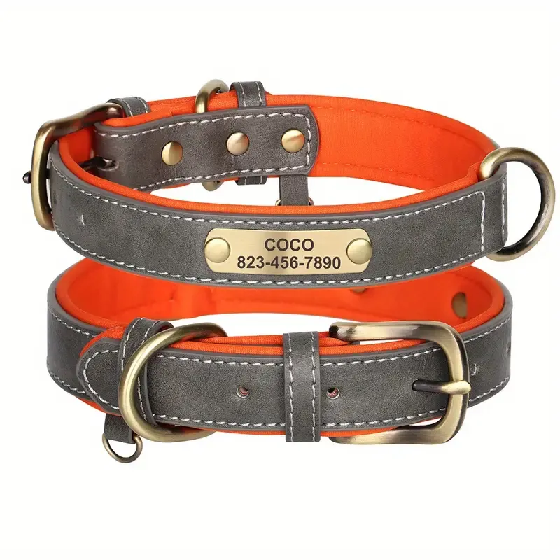 Collar de perro de cuero de PU acolchado suave para perros con placa de nombre grabada Collar de perro personalizado