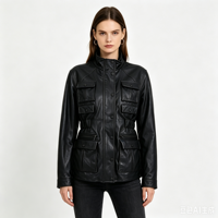 Nouvelle Veste en Cuir Véritable de Mouton pour Femme, Col Montant, Coupe Irrégulière, Multi-Poches, Taille Élastique, Vêtement d'Extérieur