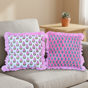Housses de coussin en coton à volants et motifs floraux, 100% coton, imprimées à la main, style bohème - Product Image 2