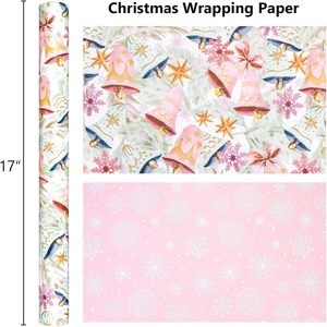 Papier d'emballage de Noël rose, design réversible à clochettes, 17 po x 32,8 pi, pour cadeaux, artisanat, fêtes, recyclable - Product Image 5