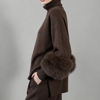Ensemble deux pièces en laine tricotée pour femme Tyan, tenue d'hiver avec col montant et revers en fourrure de renard, pull et pantalon amples, survêtement