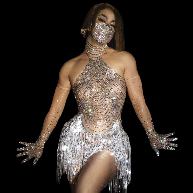 Promotion Glitter Rhinestone Tassel Dance Costume Singer Stage Wear Sexy Women Elastic Mesh Net Perspective Crystal Club Dress