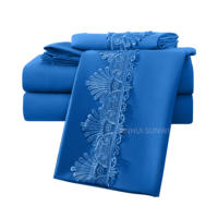 Ensemble de draps en microfibre de taille standard, 1800 fils, doux, sans plis, 6 pièces, couleur bleue avec broderie en dentelle pour hôtel