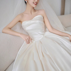 Strapless Satin Wedding Dress Natural Waistline Vintage Bridal Gown For Petite Brides - Product Image 5