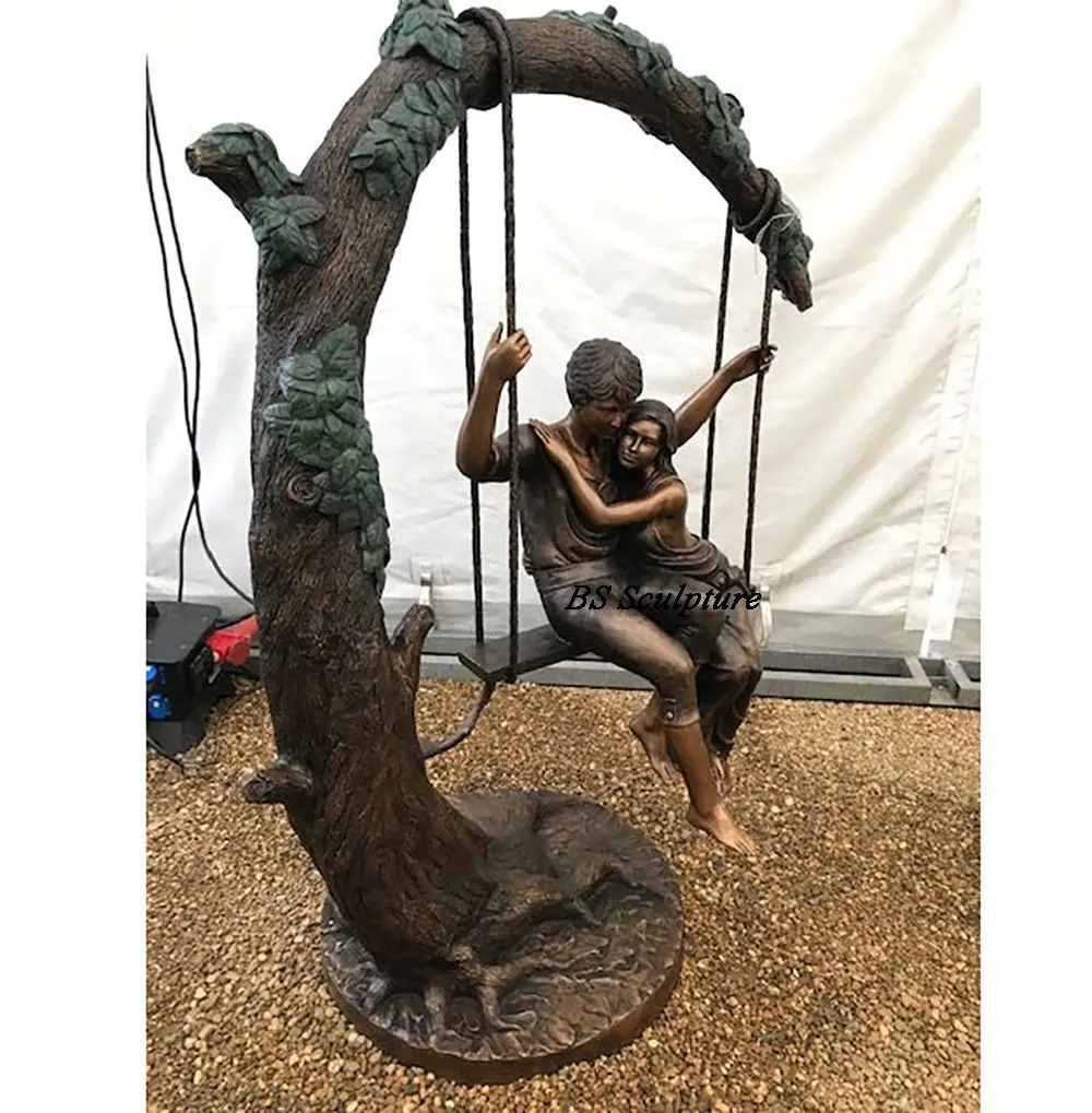 home design bronze man and lady on the tree swing love statue sculpture