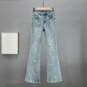 2023 Spring New Jeans For Women High Waist Slim Fit Embroidery Denim Pants Female Drilling Bootleg Pants Trousers