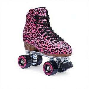Patins à roulettes pour débutants à quatre roues en microfibre PU à imprimé léopard rétro à double rangée - Product Image 1