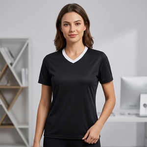 Women V-Neck Short Sleeve Moisture Wicking <b>T</b>-<b>Shirt</b> Solid Black <b>Polyester</b> Regular Fit All Seasons Sport Top - Product Image 1