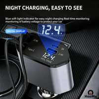 Adaptateur rapide 4-en-1 USB-C rétractable avec affichage numérique, sortie 20W, chargeur de voiture 2 ports Type-C PD avec LED pour ordinateur portable et téléphone portable