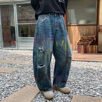 Jean Américain Rétro Personnalisé avec Motifs Graffiti Peints, Tendance, Décontracté, Coupe Droite et Évasée