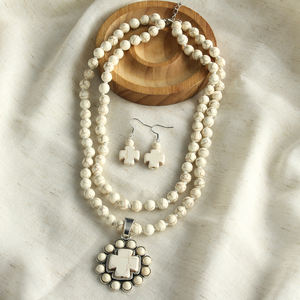 เครื่องประดับแฟชั่นโบฮีเมียนผู้หญิง8mm ทำด้วยมือ2ชั้นสร้อยคอต่างหูข้ามเสน่ห์ชุดเครื่องประดับ - Product Image 2