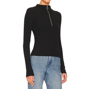 Pull décontracté en maille côtelée à manches longues, col montant, fermeture demi-zip, coupe ajustée extensible pour femme - Product Image 2