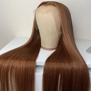 Peluca de cabello humano liso y largo, pelo natural vietnamita, color marrón, transparente, con encaje Frontal y cutícula