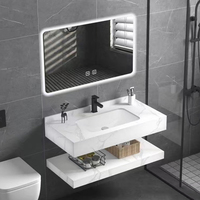 Meuble-lavabo moderne blanc en marbre flottant avec vasque en pierre et miroir lumineux pour salle de bain