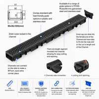 Caniveau de drainage moderne en polymère HDPE noir en forme de U, flexible, certifié CE, en acier inoxydable, pour l'extérieur, 100x45x1000mm