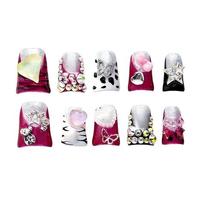 LUMEILA Faux Ongles à Presser Couvrants en Acrylique, Rose Fuchsia Dégradé, Fleur Blanche 3D, Coquille Dorée, Perle, Forme Canard, Longueur Moyenne Courte, avec Colle, 10 Pièces