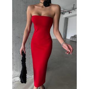 Vestido de Gala Rojo sin Tirantes, Tejido a Crochet, con Decoración de Lentejuelas, Cintura Imperio, Largo hasta el Suelo, Talla XS para Mujer - Product Image 1