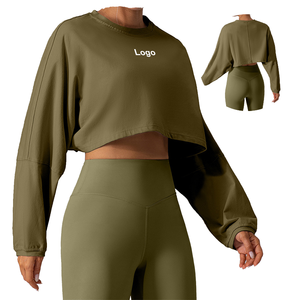 Women's Outdoor Workout Athletic <b>Crop</b> <b>Tops</b> Loose Fit Casual Breathable Gym Yoga Running Long Sleeve Front - Product Image 1