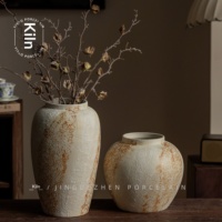 Vas Keramik Jingdezhen Gaya Wabi-Sabi Mewah Ringan Dekorasi Ruang Tamu Bunga Kering Segar Vintage Gaya Cina Rustic