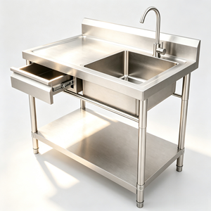 Table de travail en acier inoxydable avec évier, tiroir, crédence et étagère inférieure – Table de préparation professionnelle pour cuisine commerciale, fournitures hôtelières et de restauration - Product Image 1