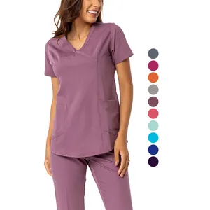 Yuhong roupas atacado mulheres na moda spa médico branco 4 way stretch médico enfermeiros ceil azul uniforme jogger set scrubs