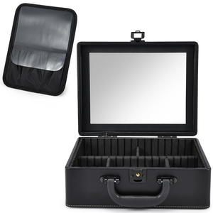 Travel <b>Makeup</b> Organizer <b>Case</b> with Mirror PU Leather Cosmetic Train <b>Case</b> with Adjustable Dividers and Brush Holder Make up Box - Product Image 1