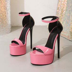 Pink Classic Single Strap Round Toe Open Toe Color <b>Block</b> Buckle 16cm Ultra High Stiletto Heel Fashion Women's Sandals - Product Image 5