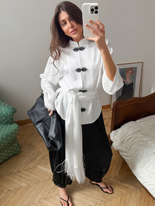 Nuova <span class=keywords><strong>Camicetta</strong></span> in Raso Stile Cinese per Donne, Colletto Alto, Bottoni a Nodo Cinese, Manica Lunga <span class=keywords><strong>con</strong></span> <span class=keywords><strong>Cintura</strong></span> a Nappine - Product Image 3