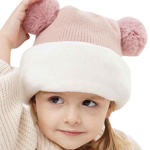 Cagoule d'hiver en tricot avec col à anneaux pour enfants, filles, garçons, couvre-visage à double <span class=keywords><strong>oreille</strong></span> et boules de poils, casquette chaude pour bébé, masque de ski - Product Image 4