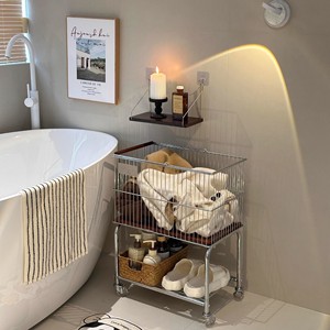 Vintage Style Laundry <b>Basket</b> Trolley Silver Four-Wheel Portable Storage Rack Bathroom Use - Product Image 3
