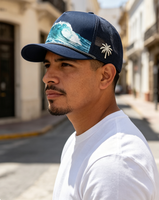 Gorra Trucker Personalizada con Estampado de Olas del Océano, Pin Metálico de Palmera, Decoración de Cuerda, Malla Trasera, Gorra de Béisbol de Verano para Surfistas