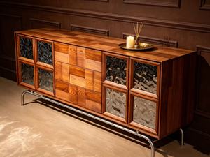Midcentury Modern Solid Wood <b>Sideboard</b> Cabinet with Textured Glass Panels and Metal Base for Living Room <b>Storage</b> - Product Image 3
