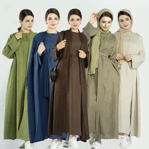 Wholesale EID Ramadan Dubai Tunic Modest Plain Large Women's Dress Turkey Cotton Linen Muslim Women Open Abaya Dress