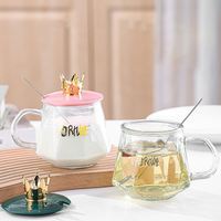 Tasse à eau Crown avec couvercle, tasse en verre de bureau avec cuillère