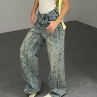 Jean en denim décontracté taille haute coupe droite respirant coupe ample imprimé serpent vintage simple pour femme