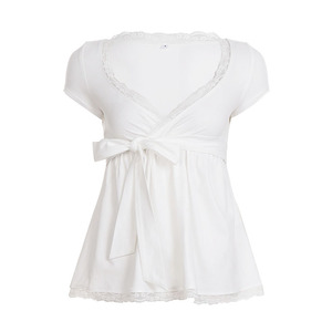 T-shirt personnalisé à manches courtes, couleur unie, avec panneau en dentelle et taille à cordon de serrage, style Sweet Girl - Product Image 6