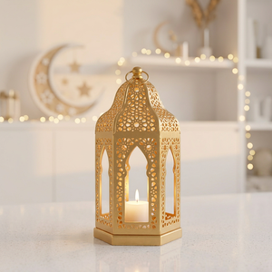 Lanterne à bougie hexagonale dorée marocaine populaire auprès des fabricants pour les décorations de la maison pendant le Ramadan - Product Image 1