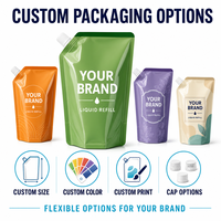 Pochettes de recharge personnalisées pour adoucissant textile, détergent et liquide lessive, avec bec verseur, format stand-up, vente en gros